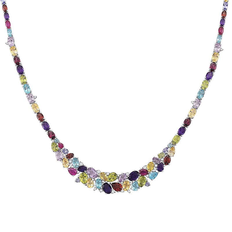 D'Joy Multi Gemstone Necklace in Rhodium Over Sterling Silver 36.35 ctw (18 Inches)