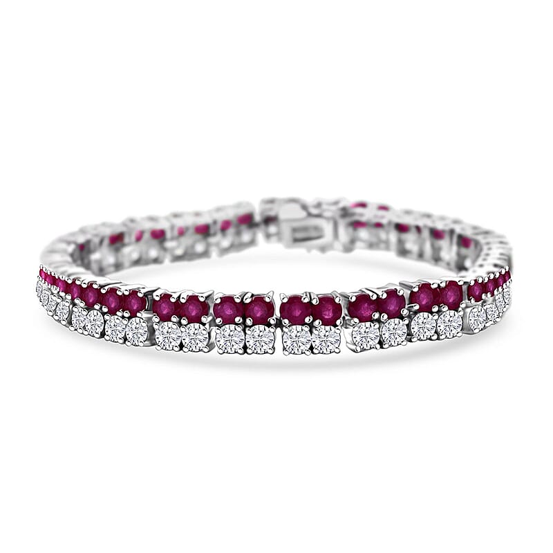 D'Joy Niassa Ruby (FF) and Moissanite 17.90 ctw Regal Radiance Bracelet in Rhodium Over Sterling Silver (6.50 In)