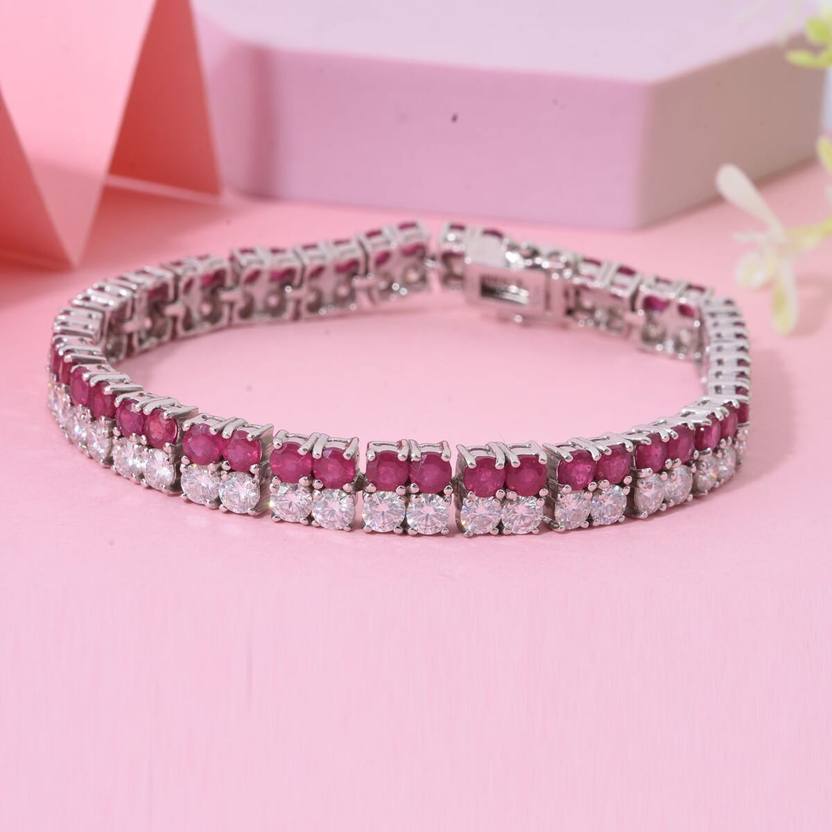 D'Joy Niassa Ruby (FF) and Moissanite 19.90 ctw Bracelet in Rhodium Over Sterling Silver (6.50 In) image number 1