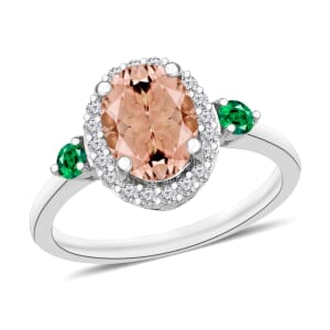 Rhapsody AAAA Pink Morganite, Boyaca Colombian Emerald and E-F VS2 Diamond 1.75 ctw Ring in 18K White Gold (Size 10.0)