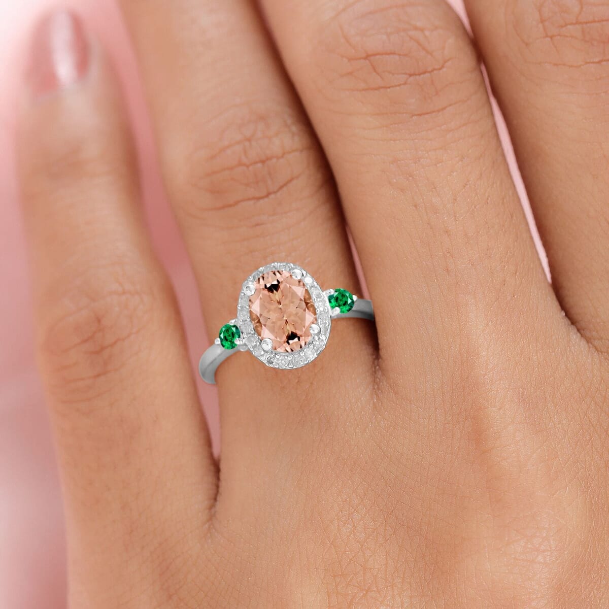 Rhapsody AAAA Pink Morganite, Boyaca Colombian Emerald and E-F VS2 Diamond 1.75 ctw Ring in 18K White Gold (Size 10.0) image number 1