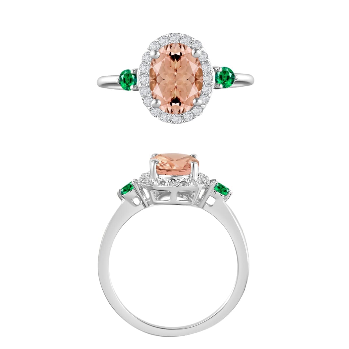 Rhapsody AAAA Pink Morganite, Boyaca Colombian Emerald and E-F VS2 Diamond 1.75 ctw Ring in 18K White Gold (Size 10.0) image number 3