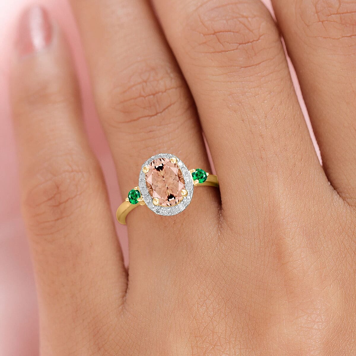 Rhapsody AAAA Pink Morganite, Boyaca Colombian Emerald and E-F VS2 Diamond 1.75 ctw Ring in 18K Yellow Gold (Size 7.0) image number 1