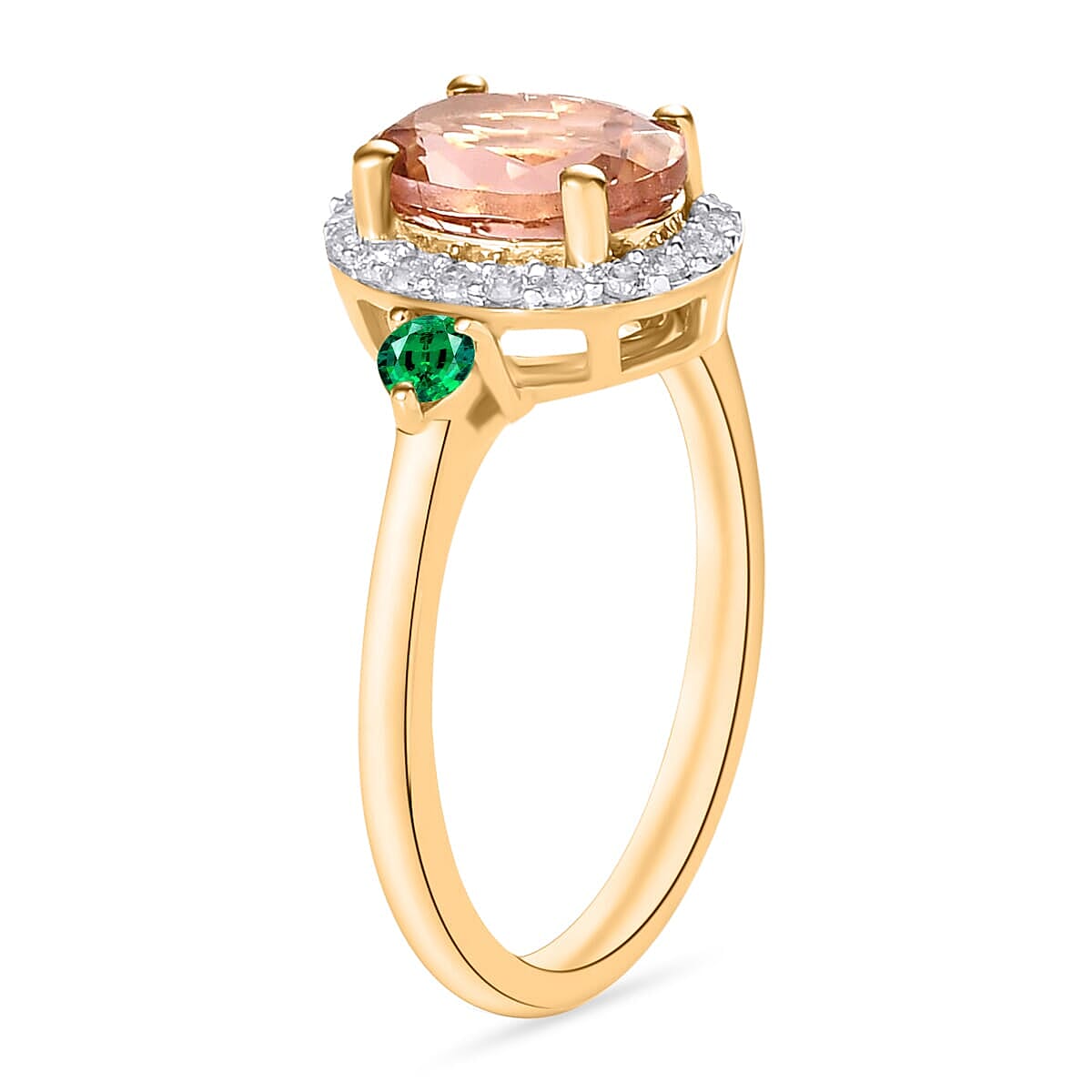 Rhapsody AAAA Pink Morganite, Boyaca Colombian Emerald and E-F VS2 Diamond 1.75 ctw Ring in 18K Yellow Gold (Size 7.0) image number 2