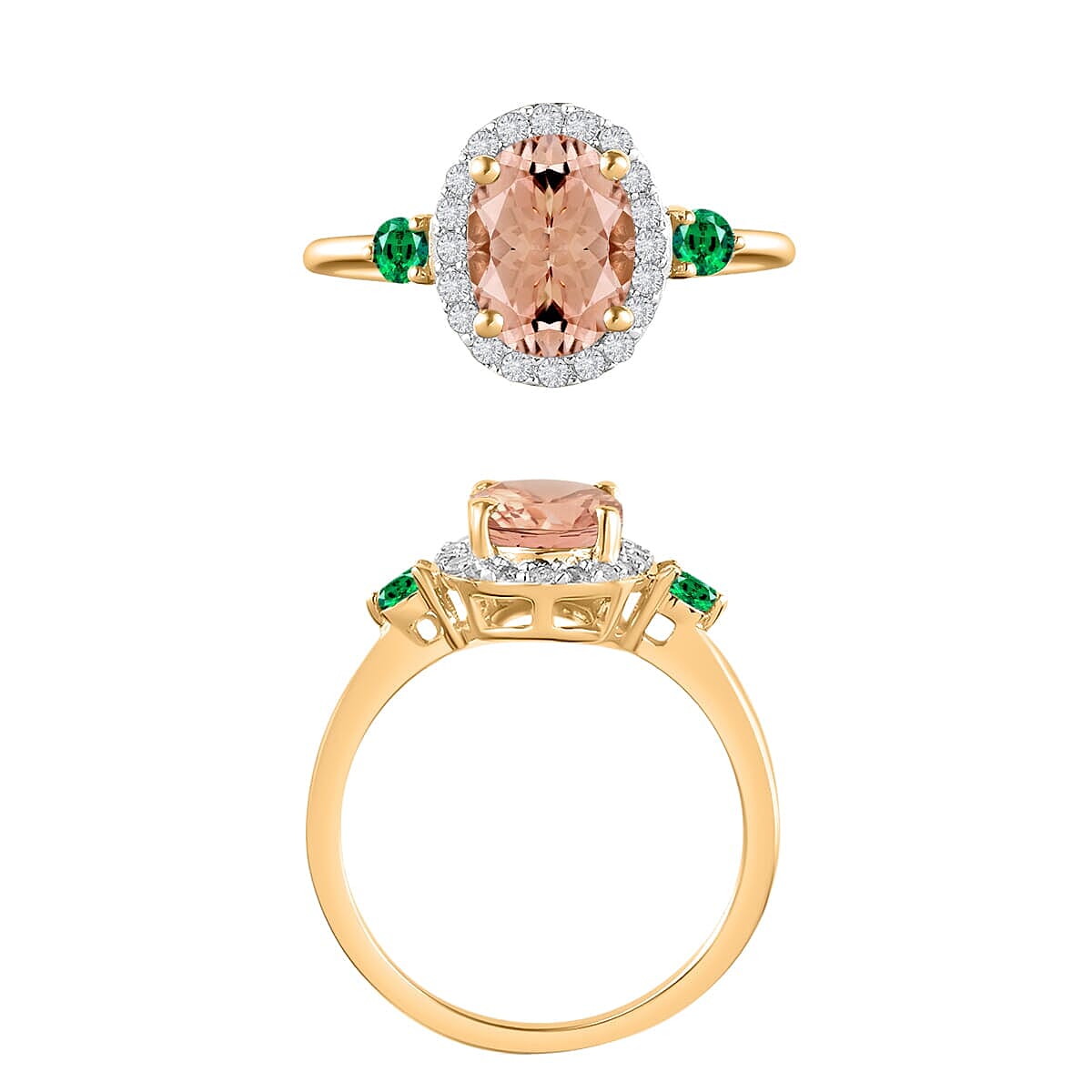 Rhapsody AAAA Pink Morganite, Boyaca Colombian Emerald and E-F VS2 Diamond 1.75 ctw Ring in 18K Yellow Gold (Size 7.0) image number 3