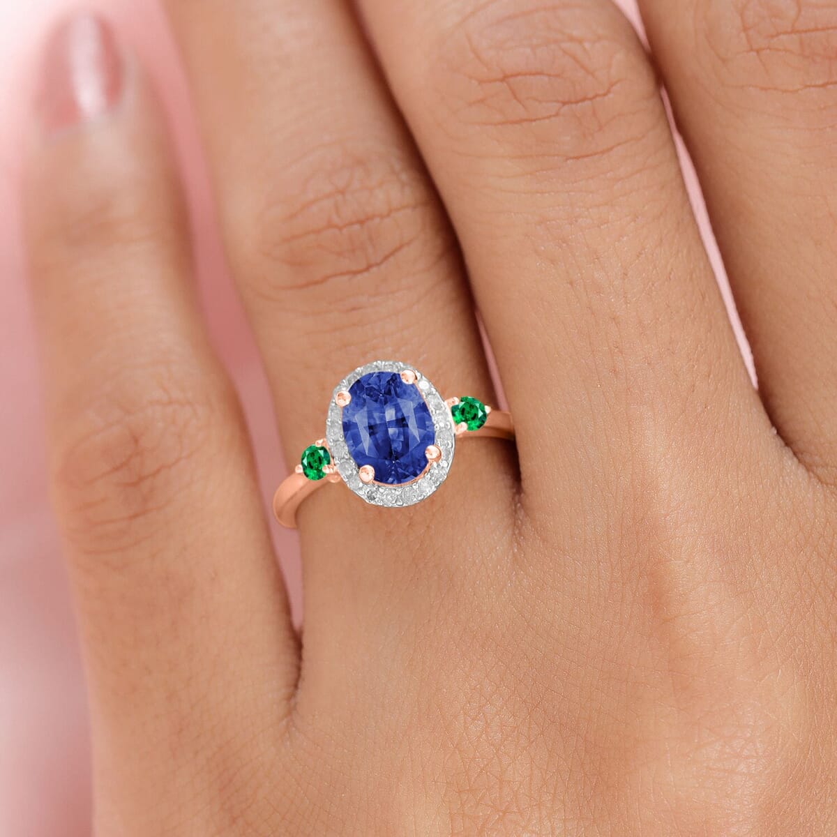 Rhapsody AAAA Ceylon Blue Sapphire, Boyaca Colombian Emerald and E-F VS2 Diamond 1.75 ctw Ring in 18K Rose Gold (Size 11.0) image number 1