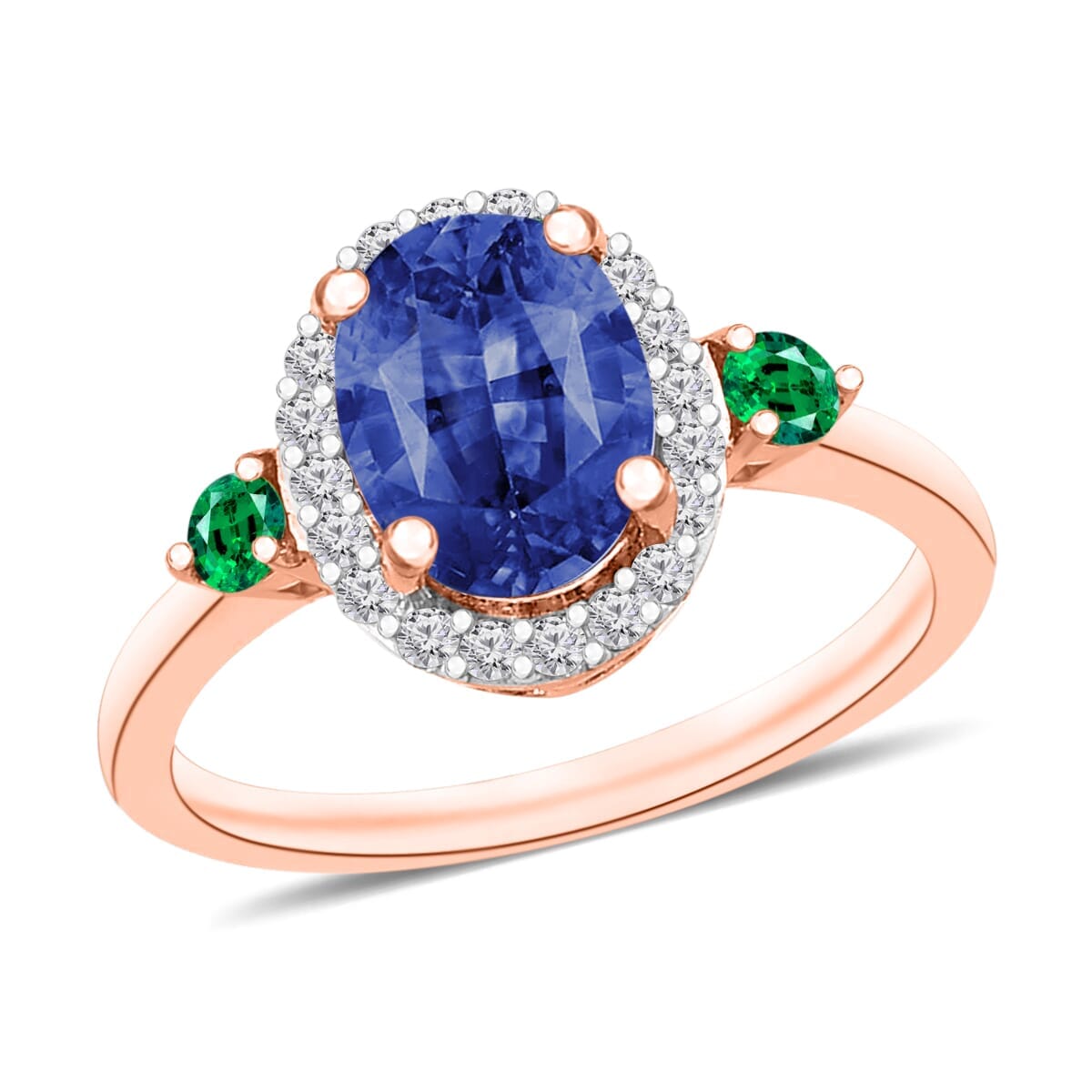 Rhapsody AAAA Ceylon Blue Sapphire, Boyaca Colombian Emerald and E-F VS2 Diamond 1.75 ctw Ring in 18K Rose Gold (Size 5.0) image number 0