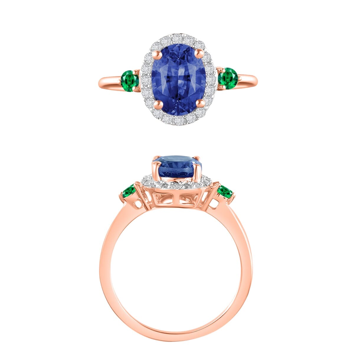 Rhapsody AAAA Ceylon Blue Sapphire, Boyaca Colombian Emerald and E-F VS2 Diamond 1.75 ctw Ring in 18K Rose Gold (Size 5.0) image number 3