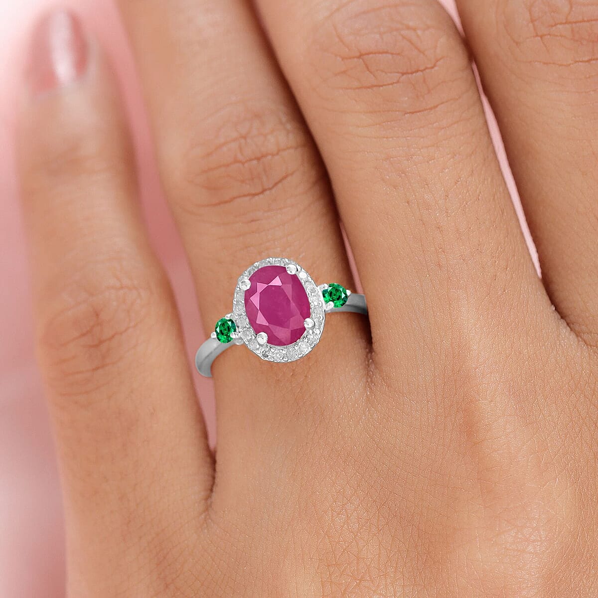 Rhapsody AAAA Mozambique Ruby, Boyaca Colombian Emerald and E-F VS2 Diamond 1.95 ctw Ring in 18K White Gold (Size 10.0) image number 1