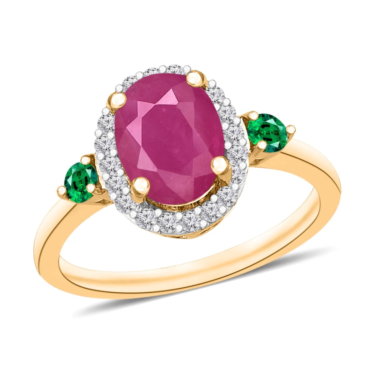 Rhapsody AAAA Mozambique Ruby, Boyaca Colombian Emerald and E-F VS2 Diamond 1.95 ctw Ring in 18K Yellow Gold (Size 9.5) image number 0