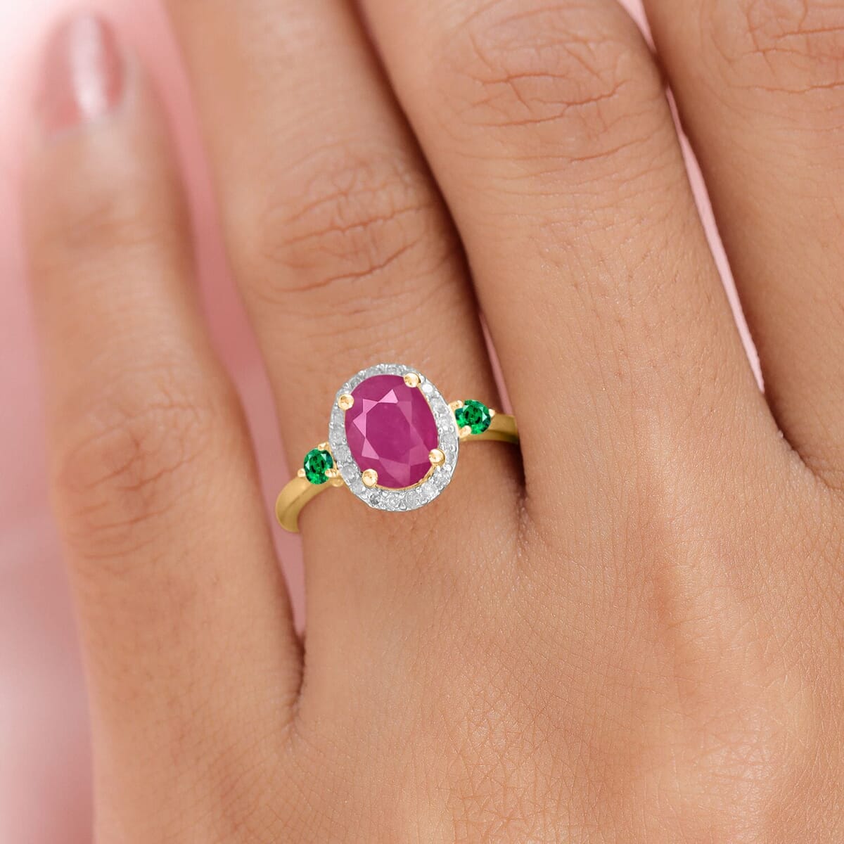 Rhapsody AAAA Mozambique Ruby, Boyaca Colombian Emerald and E-F VS2 Diamond 1.95 ctw Ring in 18K Yellow Gold (Size 9.5) image number 1