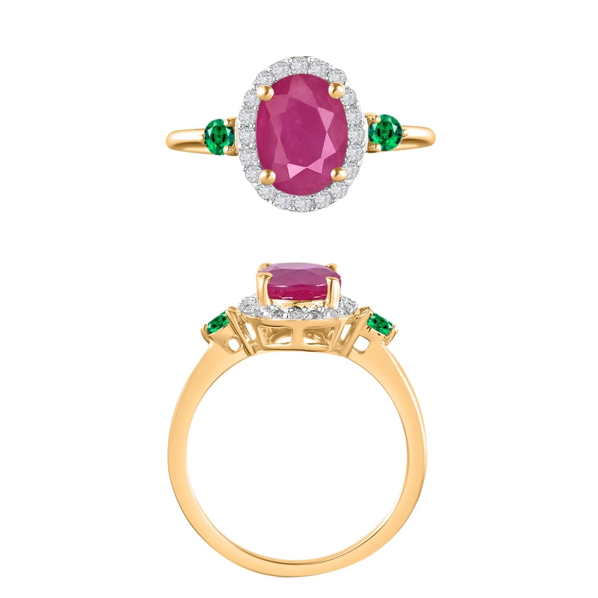 Rhapsody AAAA Mozambique Ruby, Boyaca Colombian Emerald and E-F VS2 Diamond 1.95 ctw Ring in 18K Yellow Gold (Size 9.5) image number 3