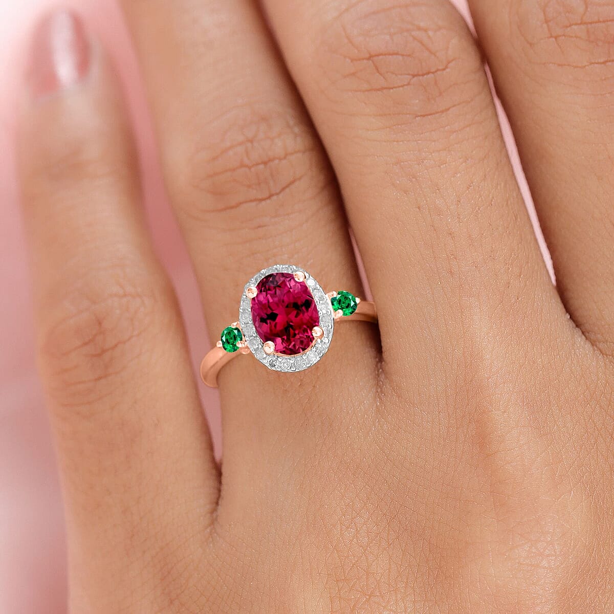 Rhapsody AAAA Ouro Fino Rubellite, Boyaca Colombian Emerald and E-F VS2 Diamond 1.65 ctw Ring in 18K Rose Gold (Size 10.5) (Del. in 10-12 Days) image number 1