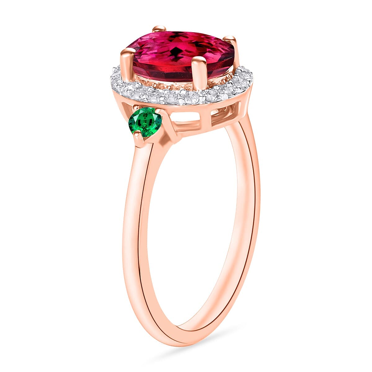 Rhapsody AAAA Ouro Fino Rubellite, Boyaca Colombian Emerald and E-F VS2 Diamond 1.65 ctw Ring in 18K Rose Gold (Size 10.5) (Del. in 10-12 Days) image number 2