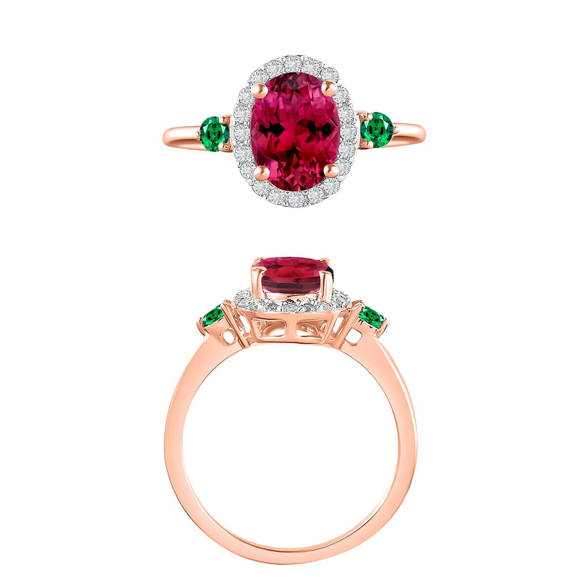 Rhapsody AAAA Ouro Fino Rubellite, Boyaca Colombian Emerald and E-F VS2 Diamond 1.65 ctw Ring in 18K Rose Gold (Size 10.5) (Del. in 10-12 Days) image number 3