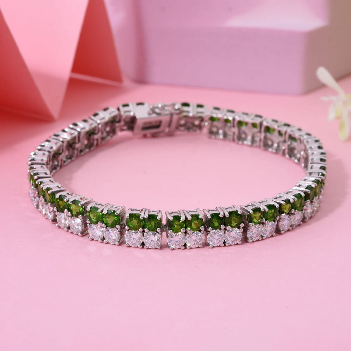 Chrome Diopside, Moissanite Bracelet in Rhodium Over Sterling Silver (8.00 In) 17.00 ctw image number 1