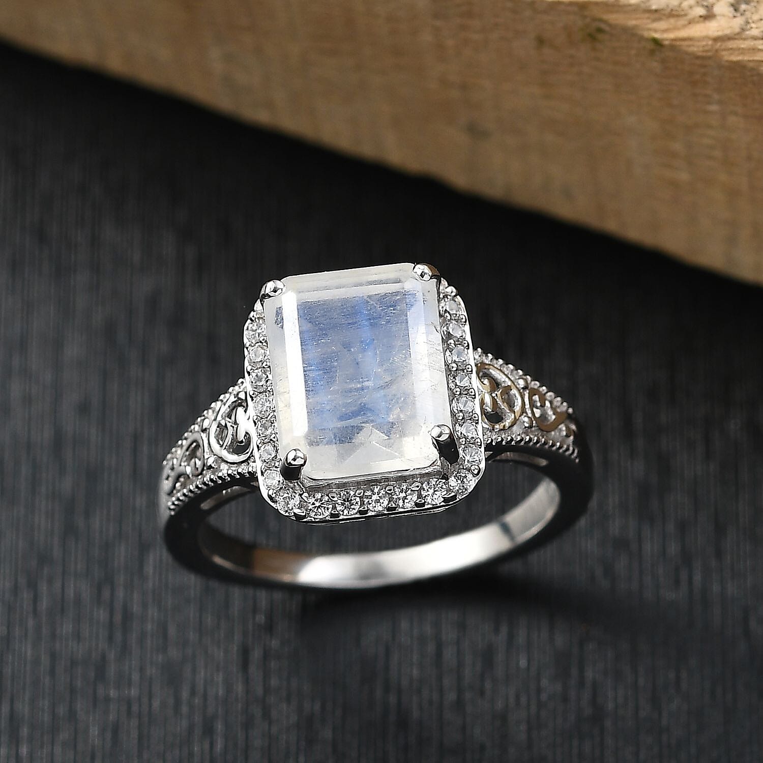 D'Joy Moon Glow Moonstone and White Zircon 3.90 ctw Art Deco Ring in Platinum Over Sterling Silver (Size 10.0)