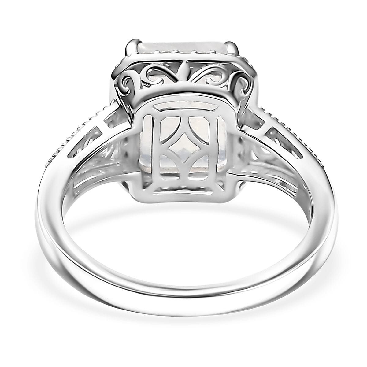 D'Joy Moon Glow Moonstone and White Zircon 3.90 ctw Art Deco Ring in Platinum Over Sterling Silver (Size 10.0)