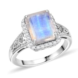 D'Joy Moon Glow Moonstone and White Zircon 3.90 ctw Art Deco Ring in Platinum Over Sterling Silver (Size 7.0)