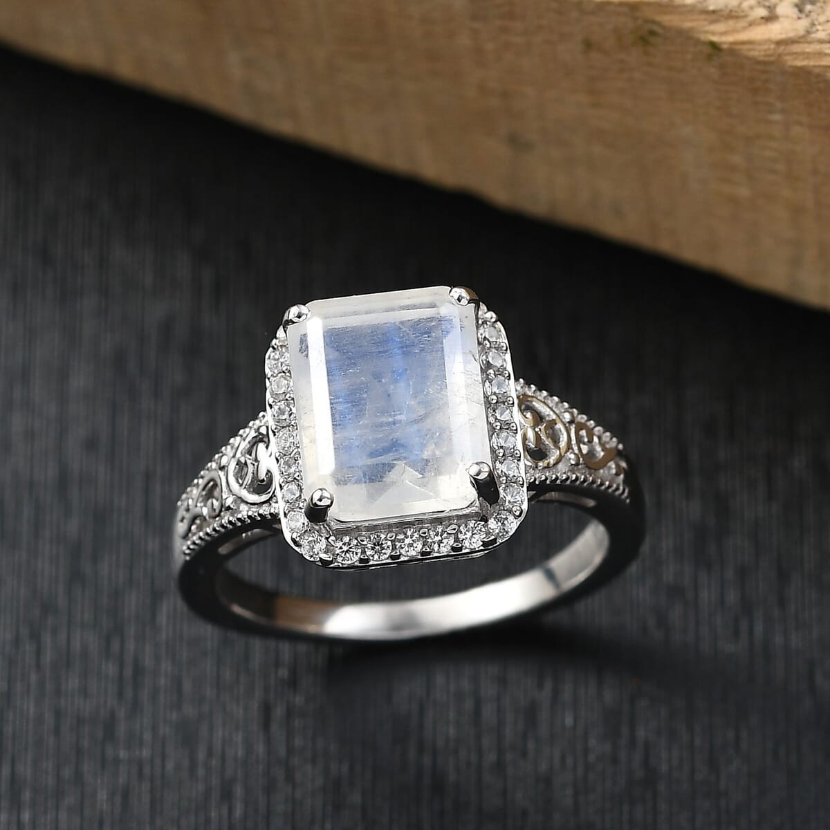 D'Joy Moon Glow Moonstone and White Zircon 3.90 ctw Art Deco Ring in Platinum Over Sterling Silver (Size 7.0) image number 1