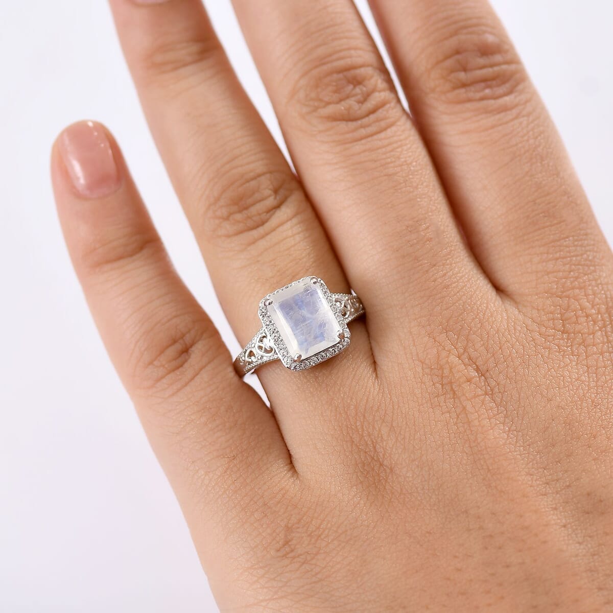 D'Joy Moon Glow Moonstone and White Zircon 3.90 ctw Art Deco Ring in Platinum Over Sterling Silver (Size 7.0) image number 2