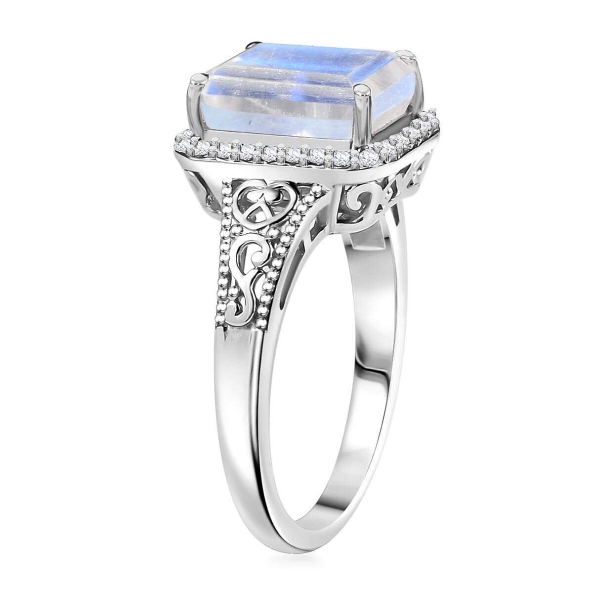 D'Joy Moon Glow Moonstone and White Zircon 3.90 ctw Art Deco Ring in Platinum Over Sterling Silver (Size 7.0) image number 3