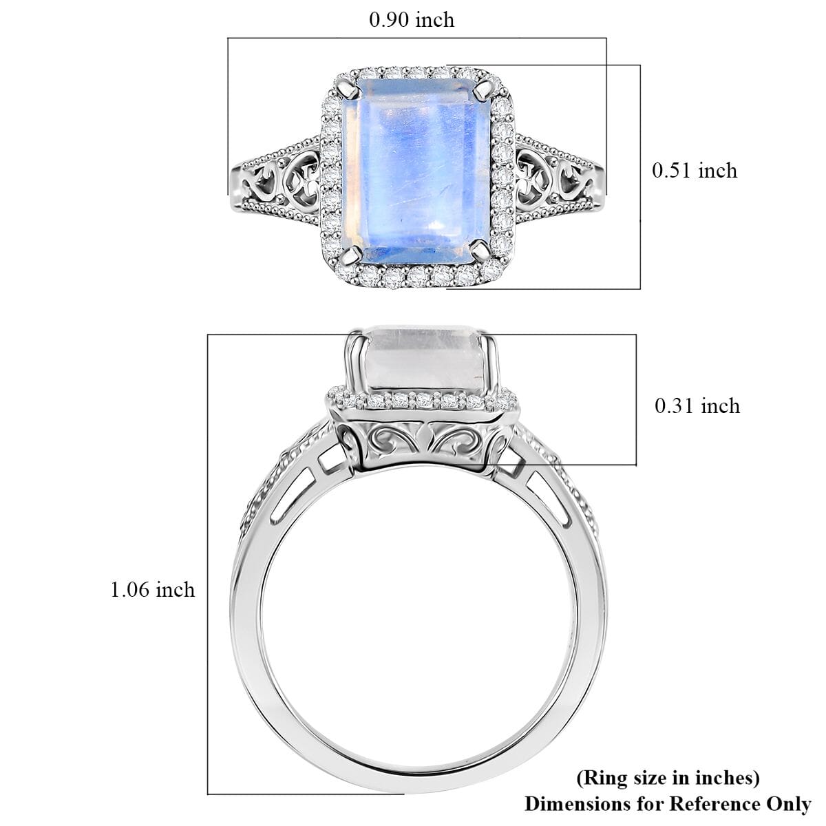 D'Joy Moon Glow Moonstone and White Zircon 3.90 ctw Art Deco Ring in Platinum Over Sterling Silver (Size 7.0) image number 5