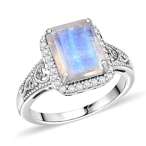 D'Joy Moon Glow Moonstone and White Zircon 3.90 ctw Art Deco Ring in Platinum Over Sterling Silver (Size 8.0)