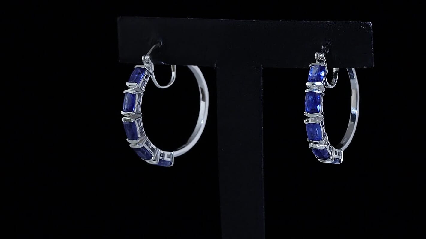 Premium Kashmir Kyanite 6.75 ctw Midnight Heirloom Hoop Earrings in Rhodium Over Sterling Silver