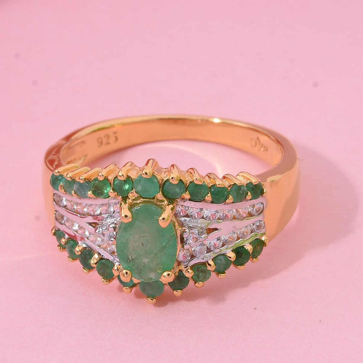 D'Joy Kagem Zambian Emerald and White Zircon 2.00 ctw Ring in 18K Vermeil Yellow Gold Over Sterling Silver (Size 6.0) image number 1