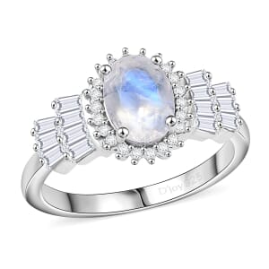 D'Joy Moon Glow Moonstone and White Zircon 2.00 ctw Moonlit Majesty Ring in Platinum Over Sterling Silver (Size 10.0)