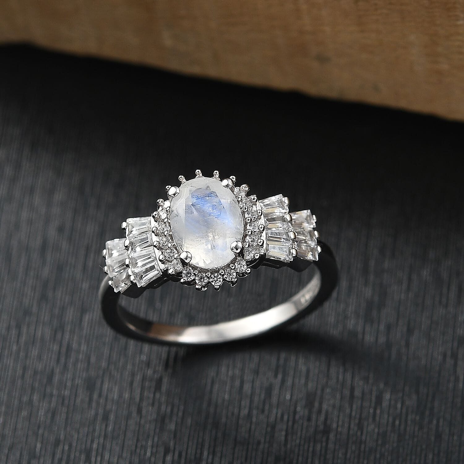 D'Joy Moon Glow Moonstone and White Zircon 2.00 ctw Moonlit Majesty Ring in Platinum Over Sterling Silver (Size 10.0)