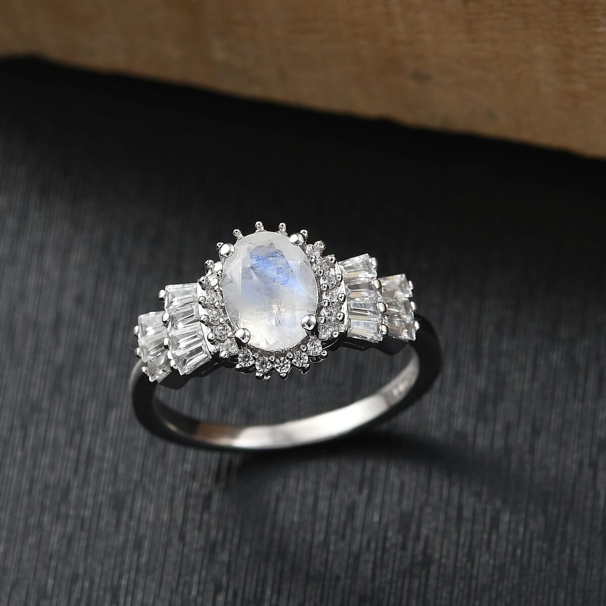 D'Joy Moon Glow Moonstone and White Zircon 2.00 ctw Moonlit Majesty Ring in Platinum Over Sterling Silver (Size 10.0) image number 1
