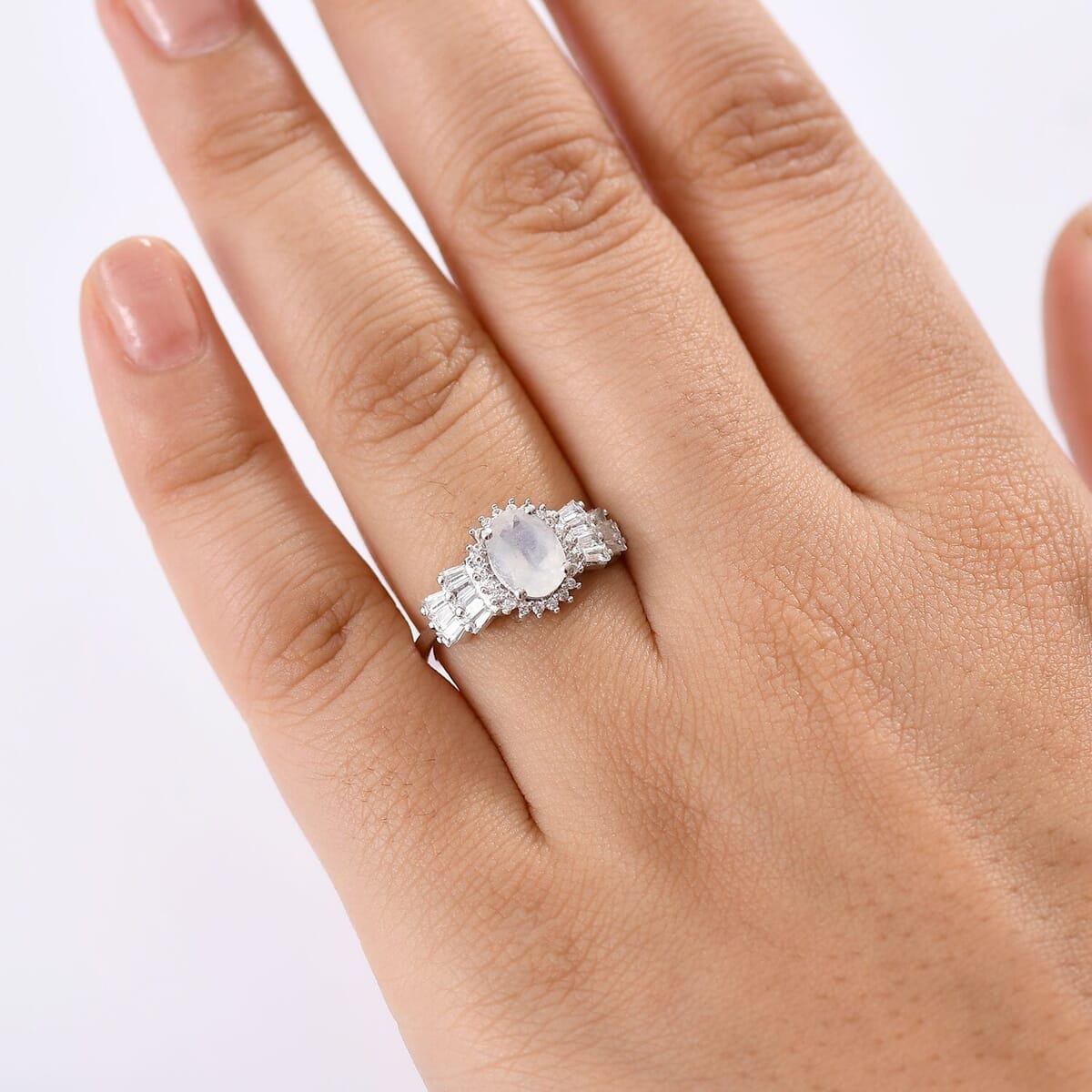 D'Joy Moon Glow Moonstone and White Zircon 2.00 ctw Moonlit Majesty Ring in Platinum Over Sterling Silver (Size 10.0) image number 2