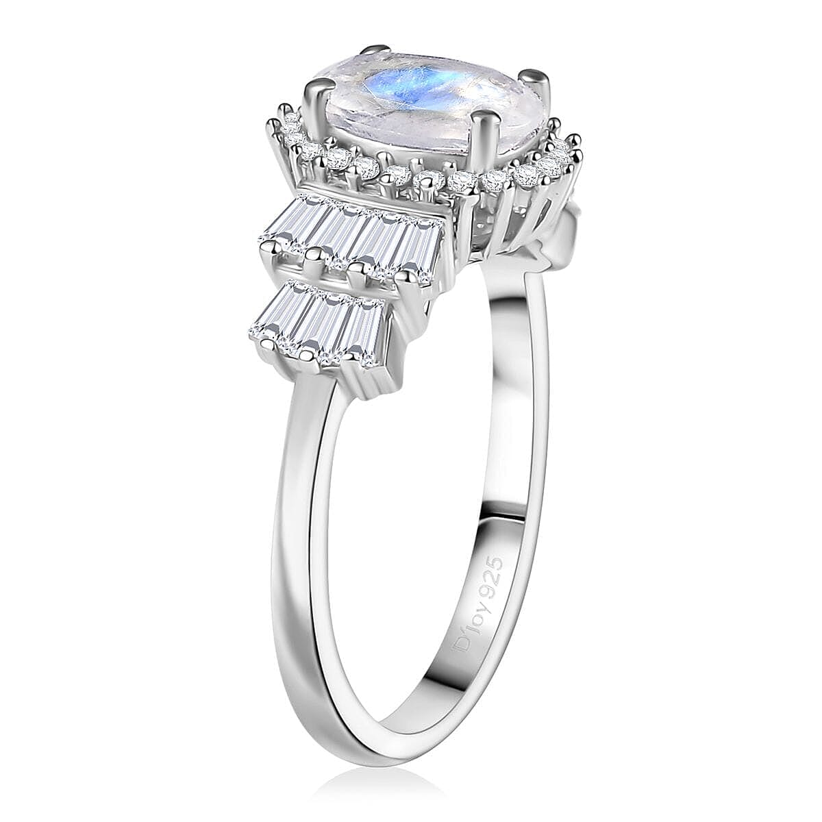 D'Joy Moon Glow Moonstone and White Zircon 2.00 ctw Moonlit Majesty Ring in Platinum Over Sterling Silver (Size 10.0)