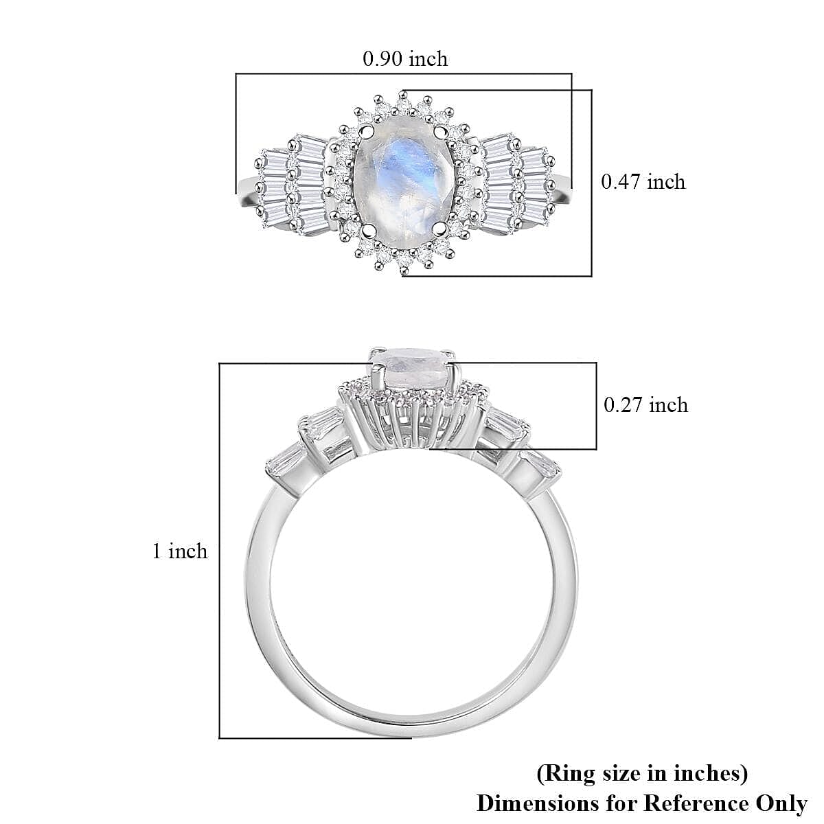 D'Joy Moon Glow Moonstone and White Zircon 2.00 ctw Moonlit Majesty Ring in Platinum Over Sterling Silver (Size 10.0)