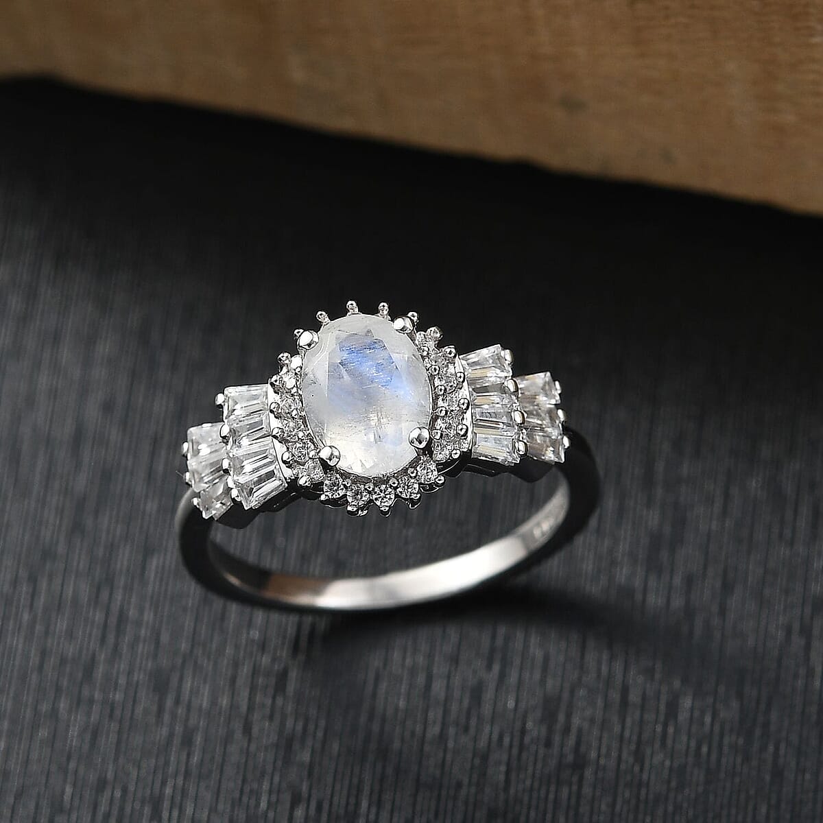 D'Joy Moon Glow Moonstone and White Zircon 2.00 ctw Moonlit Majesty Ring in Platinum Over Sterling Silver (Size 7.0) image number 1