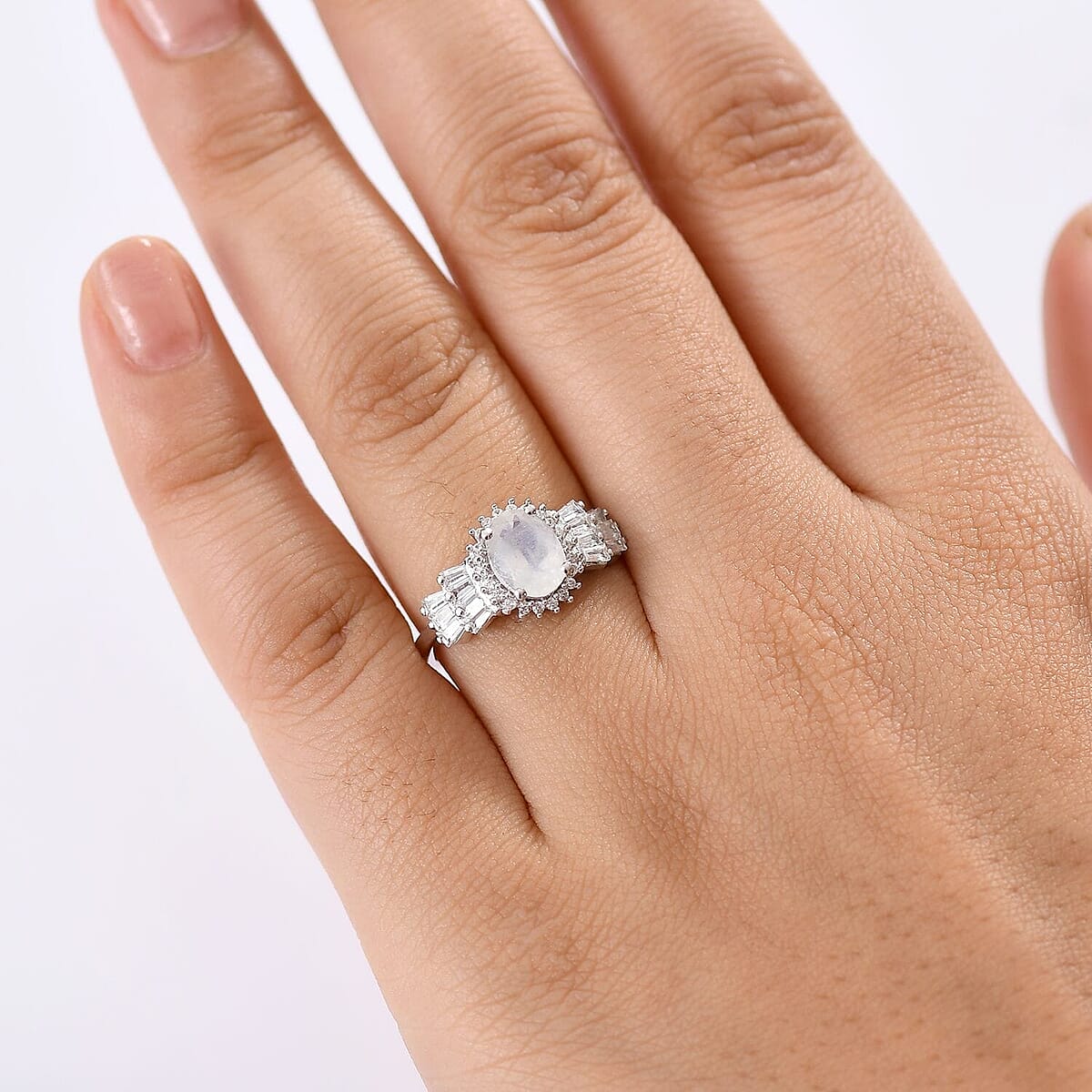 D'Joy Moon Glow Moonstone and White Zircon 2.00 ctw Moonlit Majesty Ring in Platinum Over Sterling Silver (Size 9.0) image number 2