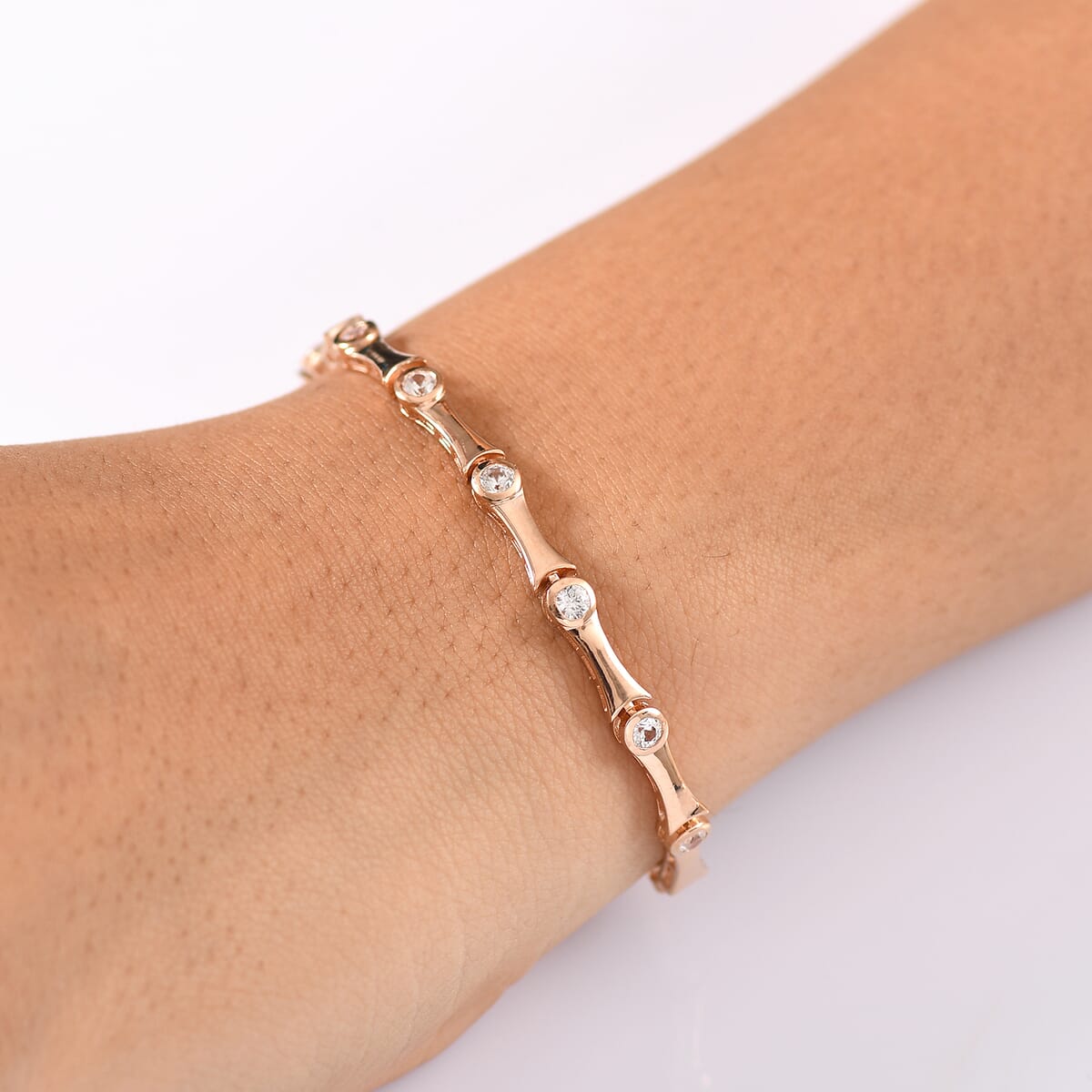 Karis White Zircon 2.10 ctw Bamboo Bracelet in 18K RG Plated (6.50 In) image number 2