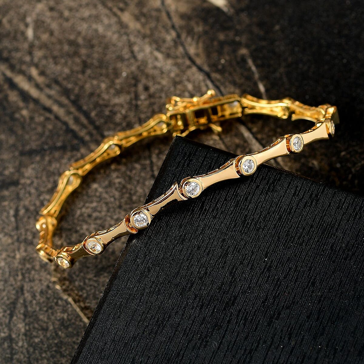 Karis White Zircon 2.40 ctw Bamboo Bracelet in 18K Yellow Gold Plated (7.25 In) image number 1
