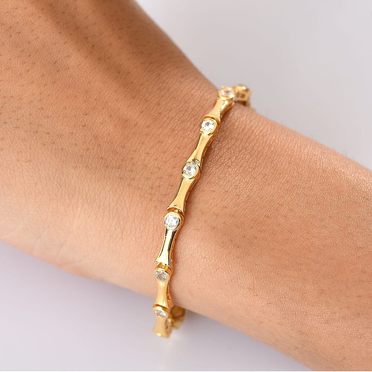 Karis White Zircon 2.40 ctw Bamboo Bracelet in 18K Yellow Gold Plated (7.25 In) image number 2