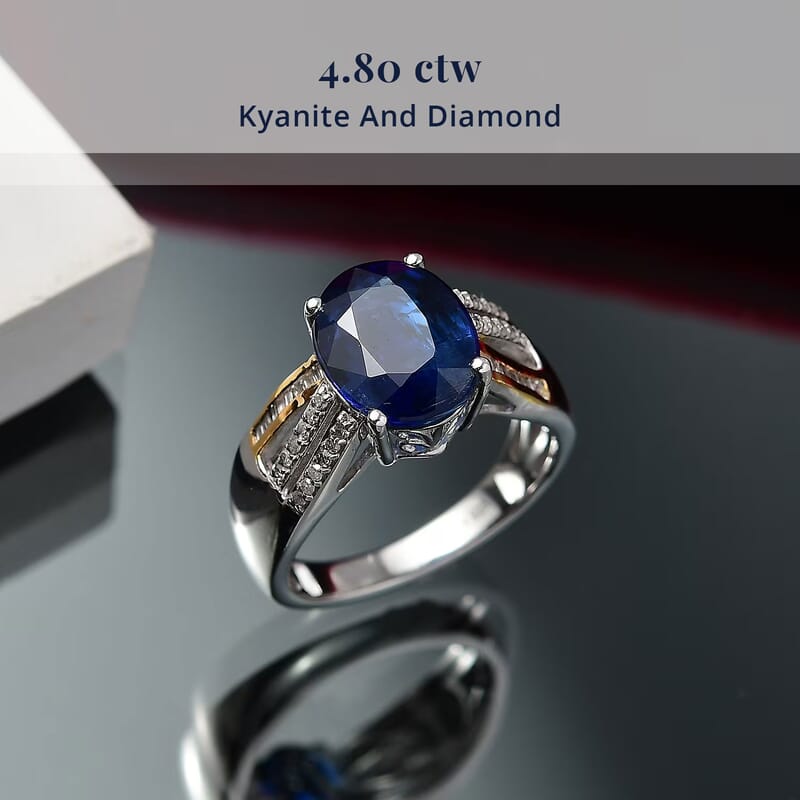 D'Joy Premium Kashmir Kyanite and Diamond 4.80 ctw Celestial Radiance Ring in 18K Vermeil YG and Rhodium Over Sterling (Size 7.0)