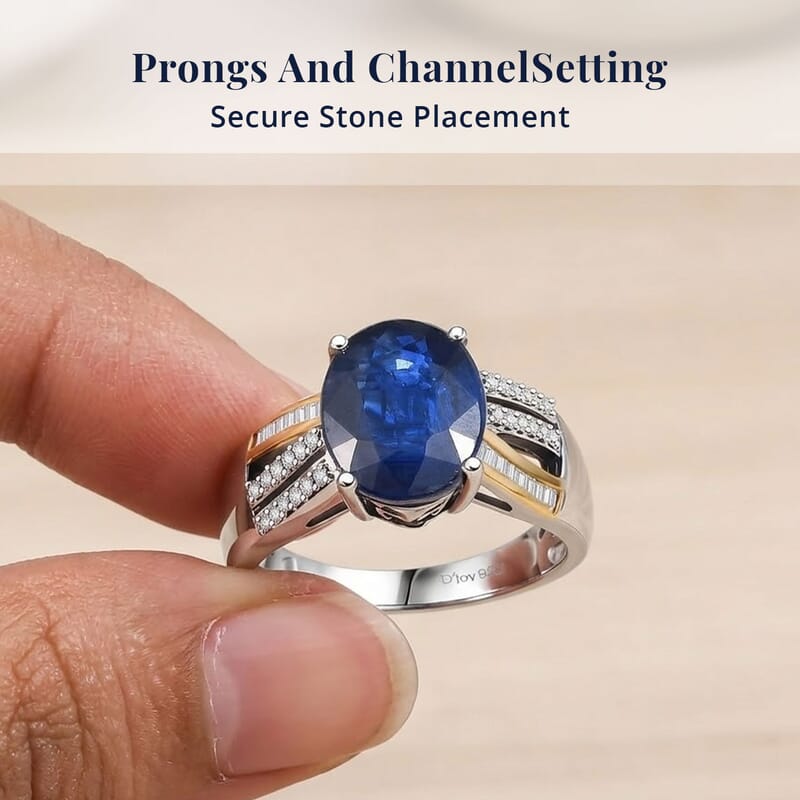 D'Joy Premium Kashmir Kyanite and Diamond 4.80 ctw Celestial Radiance Ring in 18K Vermeil YG and Rhodium Over Sterling (Size 7.0)