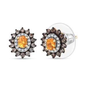 D'Joy Tanzanian Mandarin Garnet and White and Coffee Zircon 1.10 ctw Sunset Bloom Stud Earrings in 18K Vermeil Yellow Gold Over Sterling Silver
