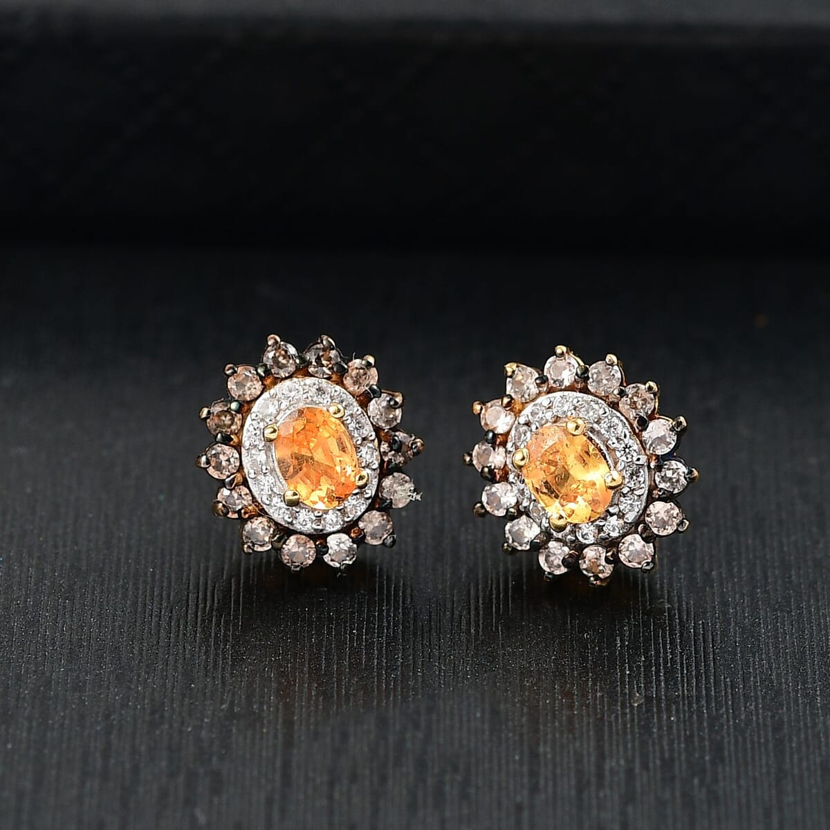 D'Joy Tanzanian Mandarin Garnet and White and Coffee Zircon 1.10 ctw Sunset Bloom Stud Earrings in 18K Vermeil Yellow Gold Over Sterling Silver image number 1