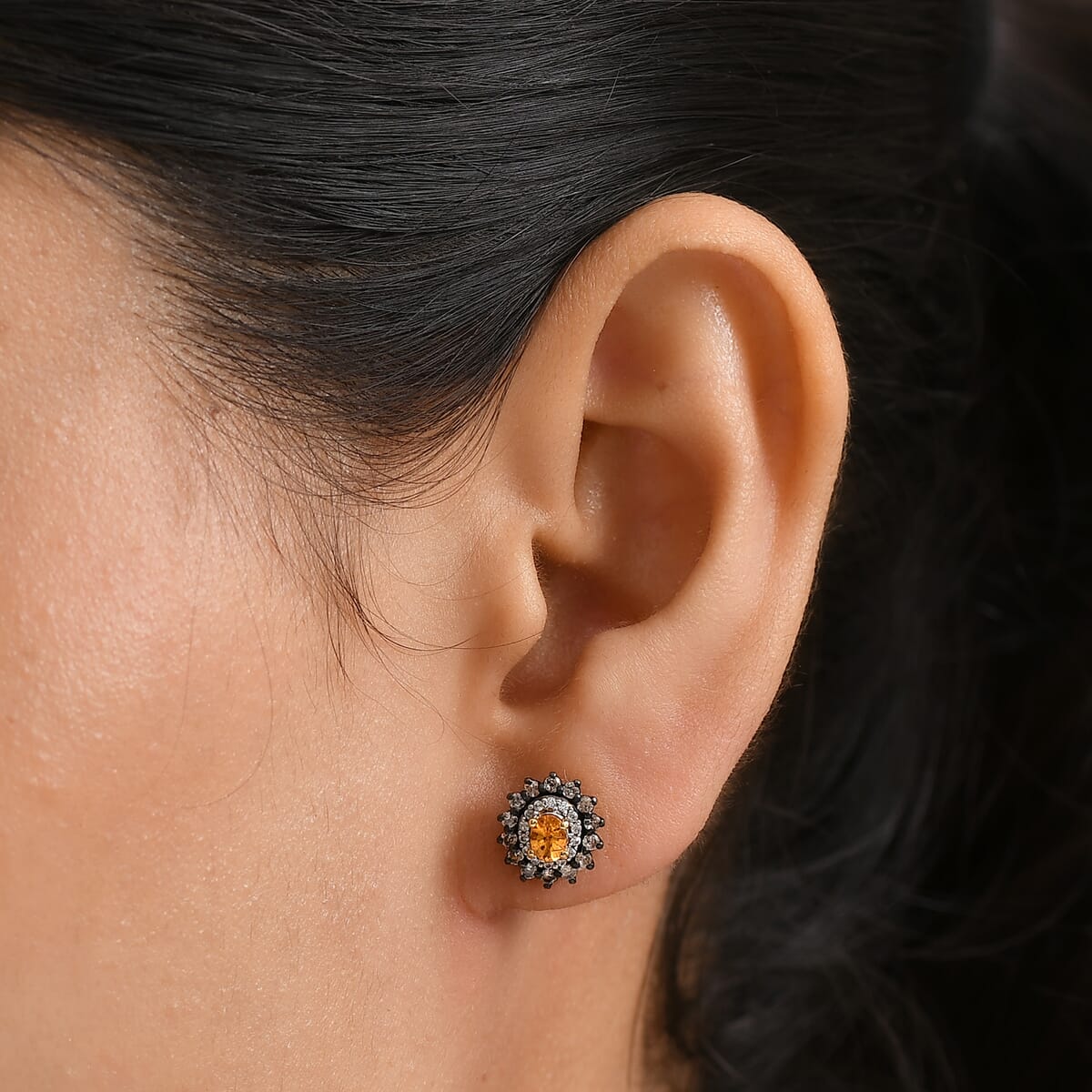 D'Joy Tanzanian Mandarin Garnet and White and Coffee Zircon 1.10 ctw Sunset Bloom Stud Earrings in 18K Vermeil Yellow Gold Over Sterling Silver image number 2