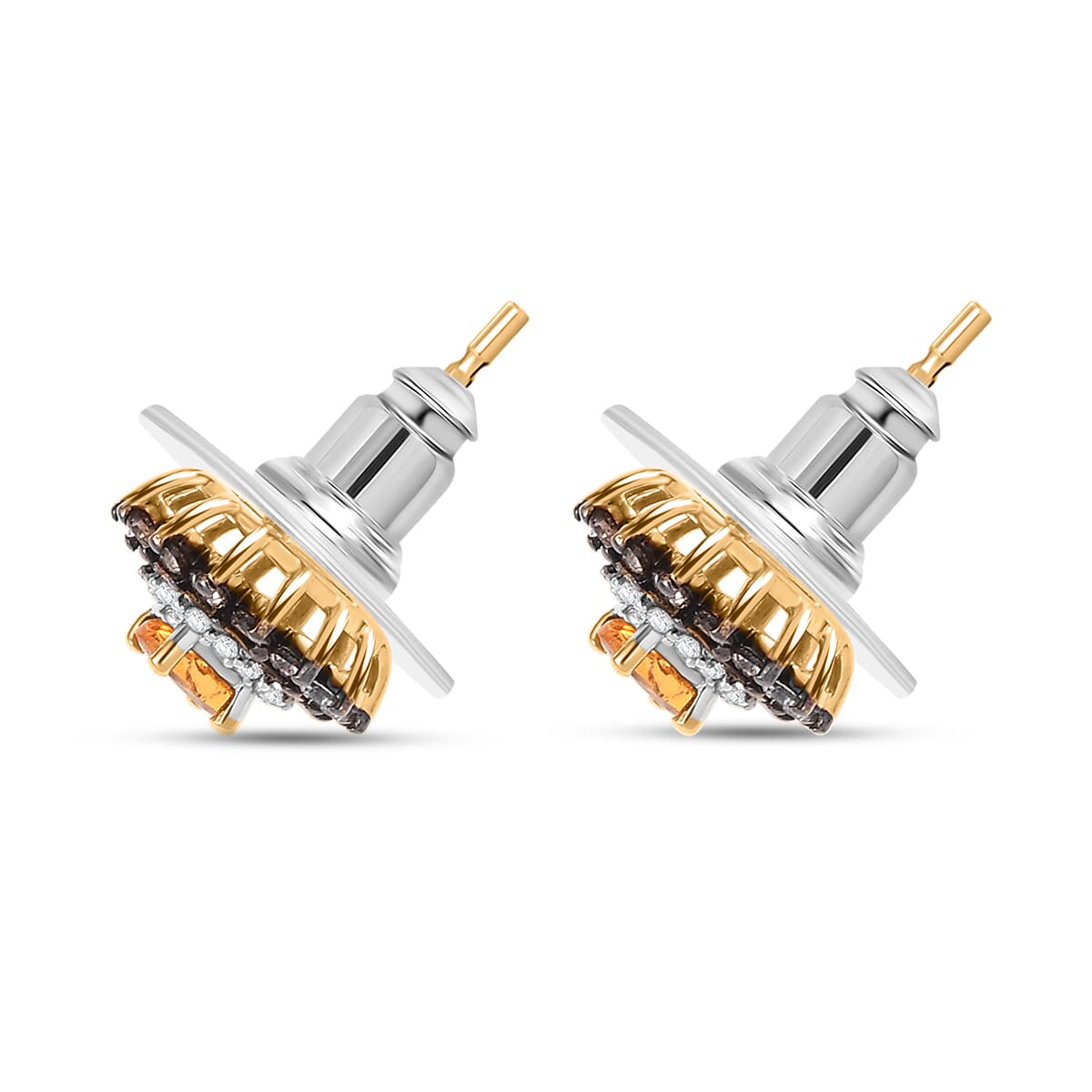 D'Joy Tanzanian Mandarin Garnet and White and Coffee Zircon 1.10 ctw Sunset Bloom Stud Earrings in 18K Vermeil Yellow Gold Over Sterling Silver image number 3
