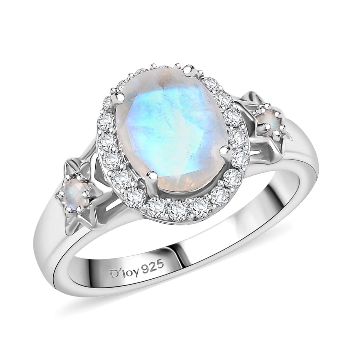 D'Joy Moon Glow Moonstone and White Zircon 2.40 ctw Moon & Star Ring in Rhodium Over Sterling Silver (Size 10.0) image number 0