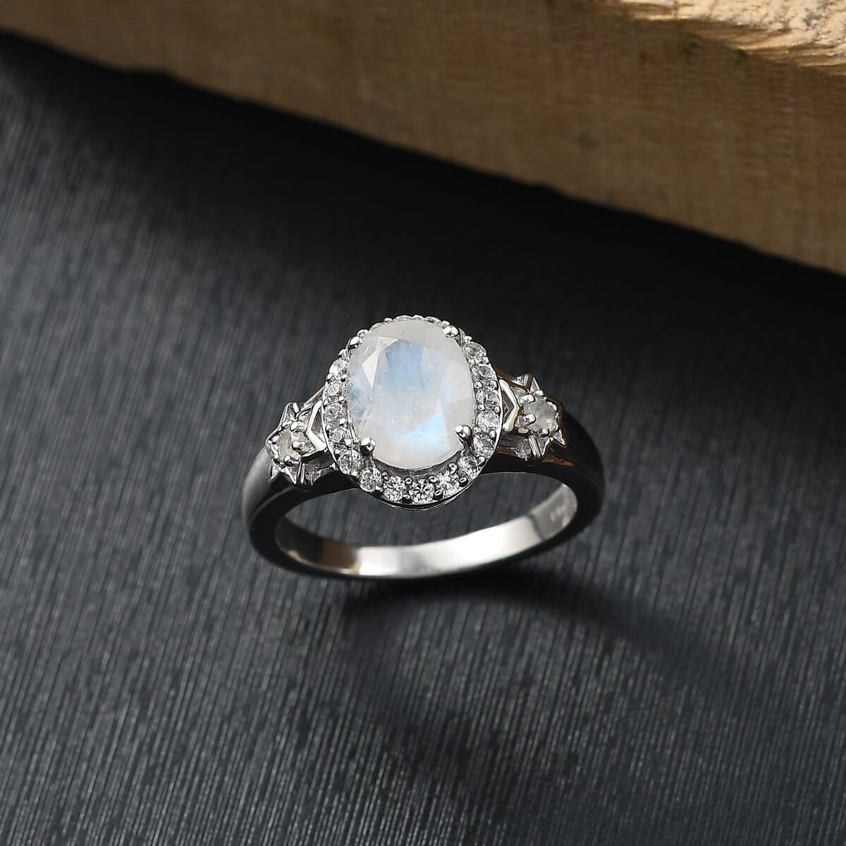 D'Joy Moon Glow Moonstone and White Zircon 2.40 ctw Moon & Star Ring in Rhodium Over Sterling Silver (Size 10.0) image number 1