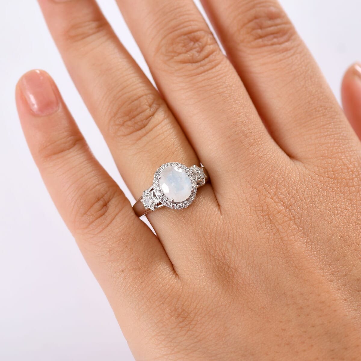 D'Joy Moon Glow Moonstone and White Zircon 2.40 ctw Moon & Star Ring in Rhodium Over Sterling Silver (Size 10.0) image number 2